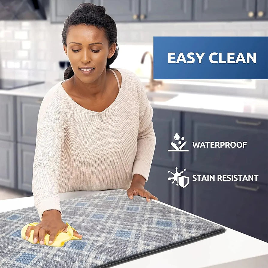 Luxe Home Columbo Anti-Fatigue Kitchen Mat - 45x75 cm Non-Slip Cushioned Comfort Mat - Blue Plaid Pattern Standing Desk Mat - Waterproof and Easy to Clean for Home and Office